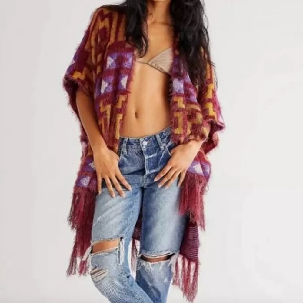 Free People Diamondback Cozy Sweater Kimono Poncho Shawl One Size